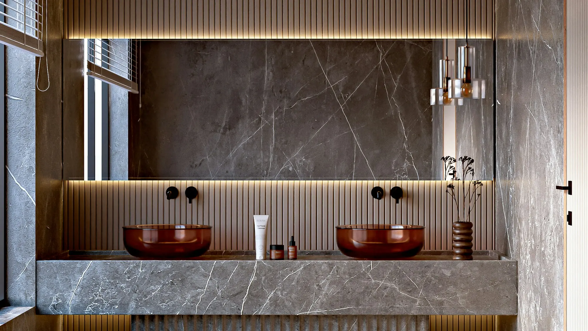 Spa bathroom with a stone double vanity and warm cove lighting